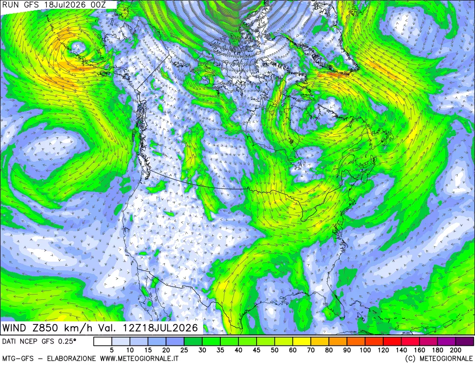 mappa 850 hPa Vento forza e direzione