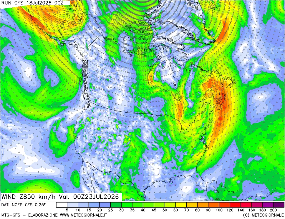 mappa 850 hPa Vento forza e direzione