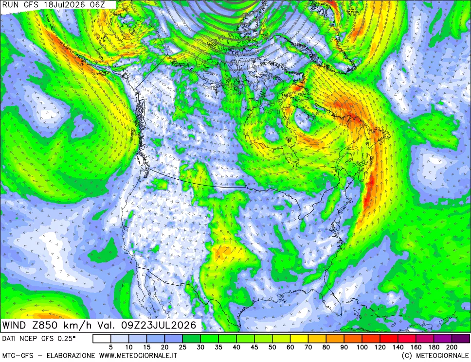 mappa 850 hPa Vento forza e direzione