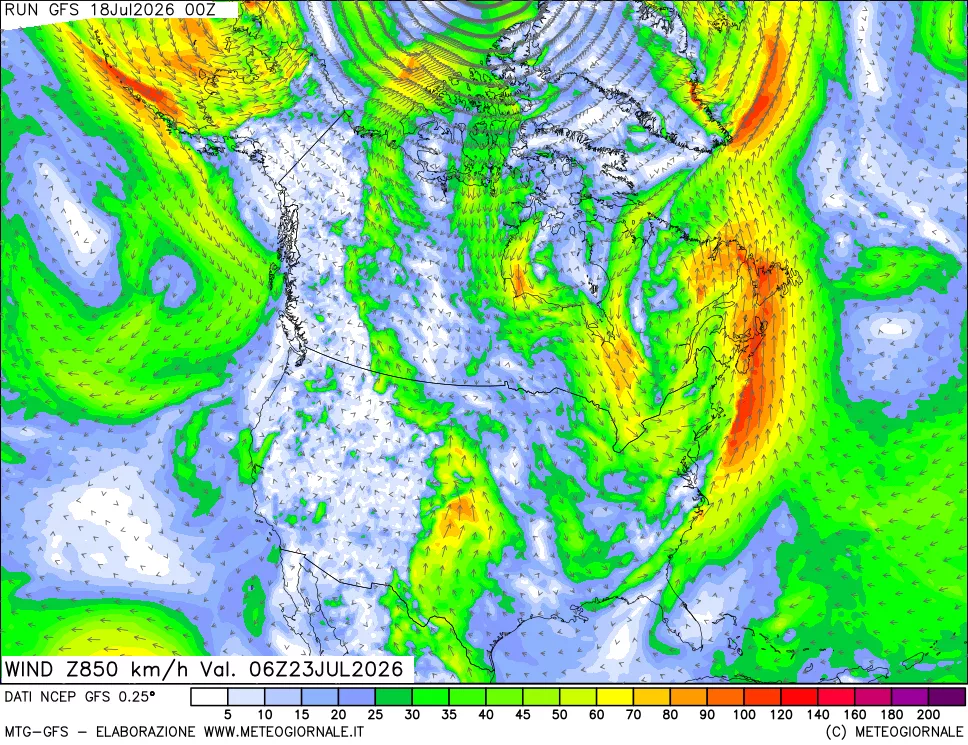 mappa 850 hPa Vento forza e direzione