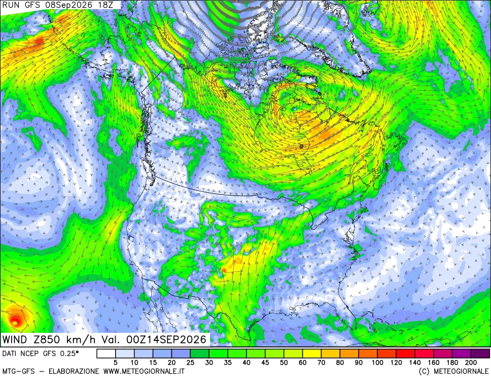 mappa 850 hPa Vento forza e direzione