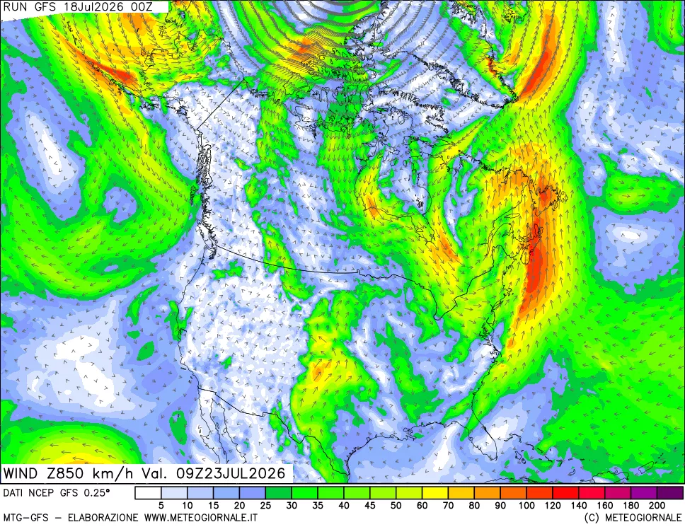 mappa 850 hPa Vento forza e direzione