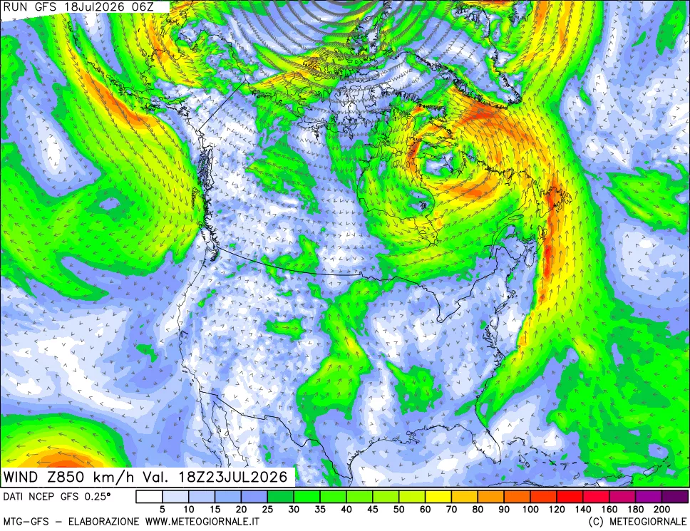 mappa 850 hPa Vento forza e direzione