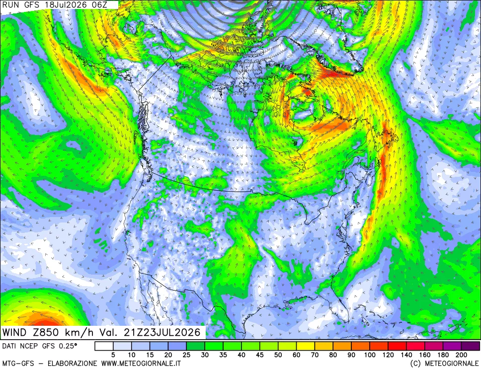 mappa 850 hPa Vento forza e direzione