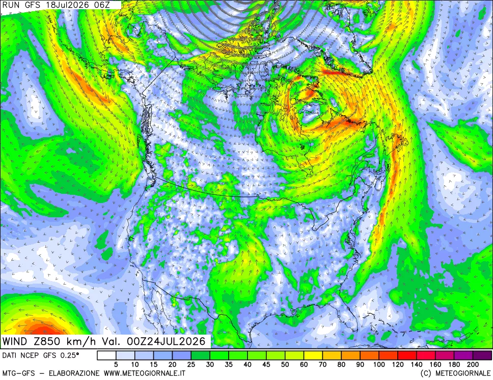 mappa 850 hPa Vento forza e direzione