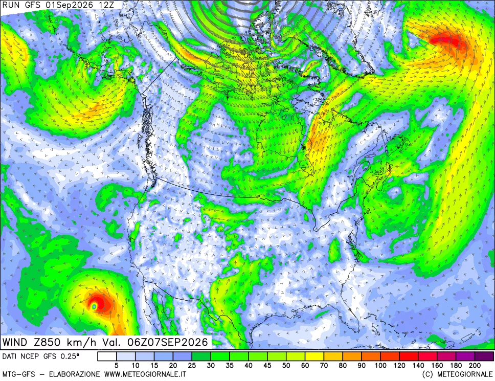 mappa 850 hPa Vento forza e direzione