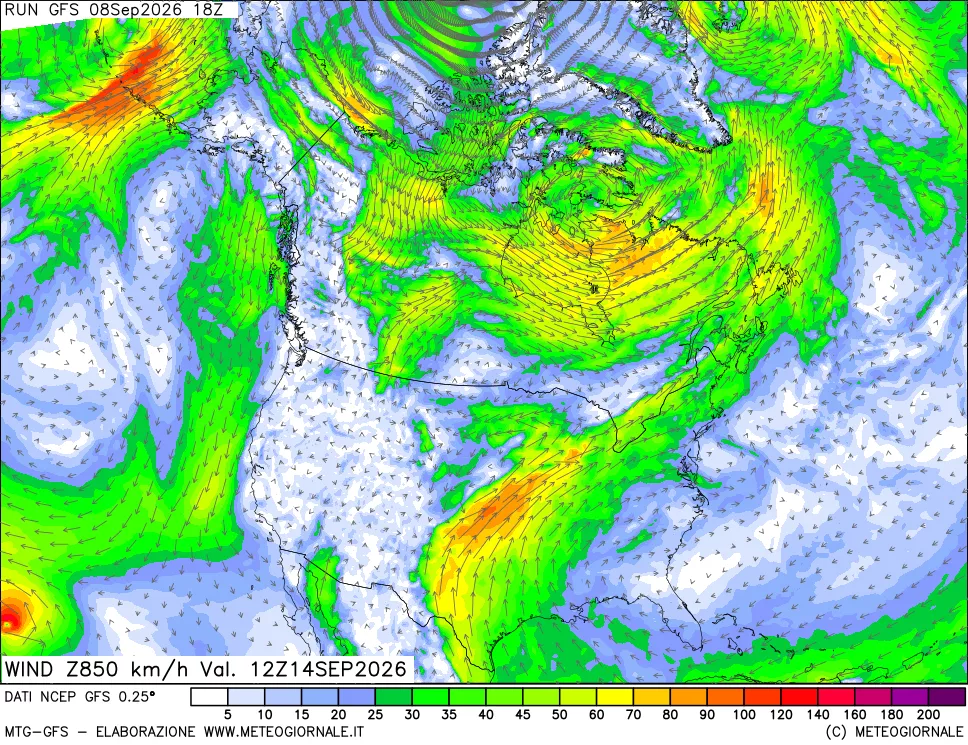 mappa 850 hPa Vento forza e direzione