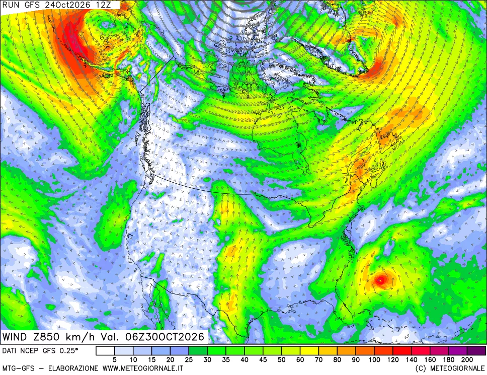 mappa 850 hPa Vento forza e direzione
