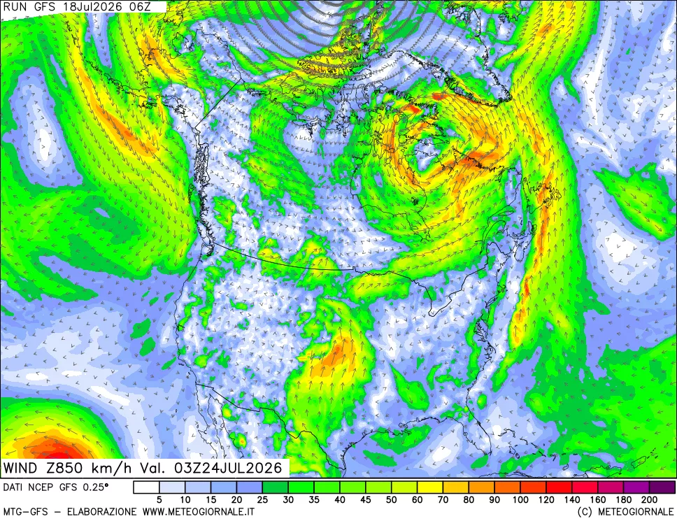 mappa 850 hPa Vento forza e direzione