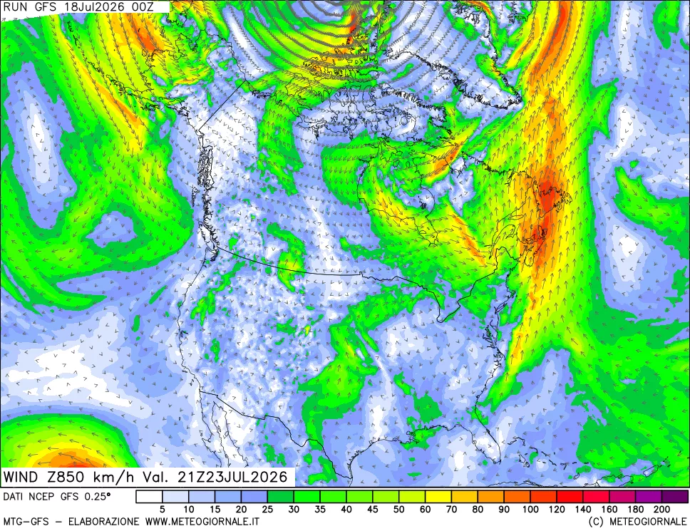 mappa 850 hPa Vento forza e direzione