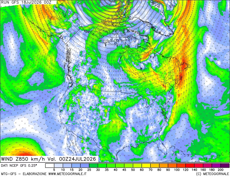 mappa 850 hPa Vento forza e direzione