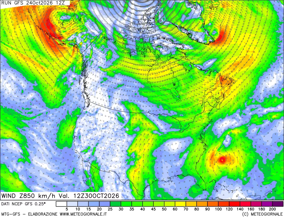 mappa 850 hPa Vento forza e direzione