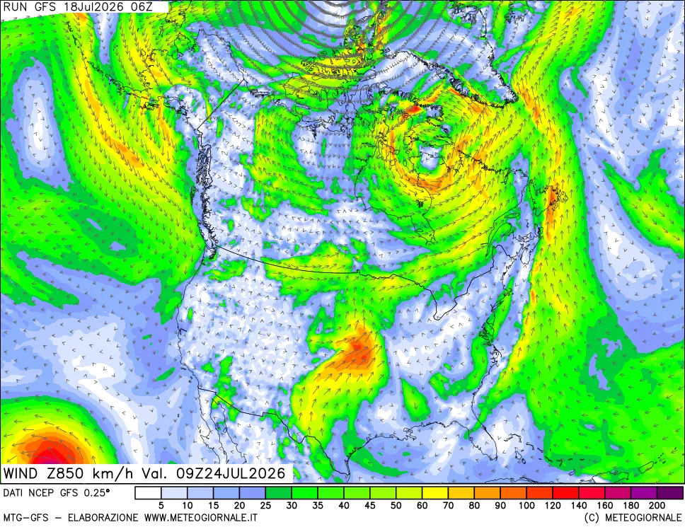 mappa 850 hPa Vento forza e direzione