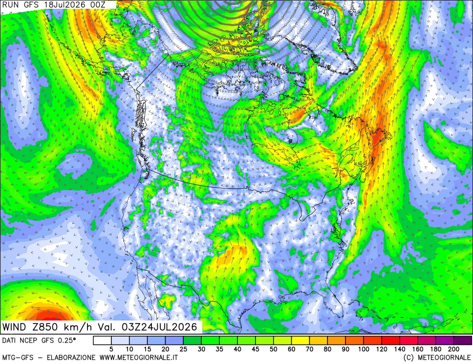 mappa 850 hPa Vento forza e direzione