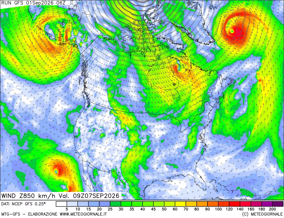 mappa 850 hPa Vento forza e direzione