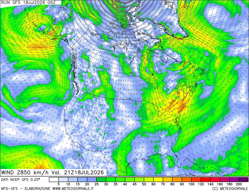 mappa 850 hPa Vento forza e direzione