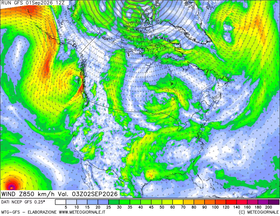 mappa 850 hPa Vento forza e direzione