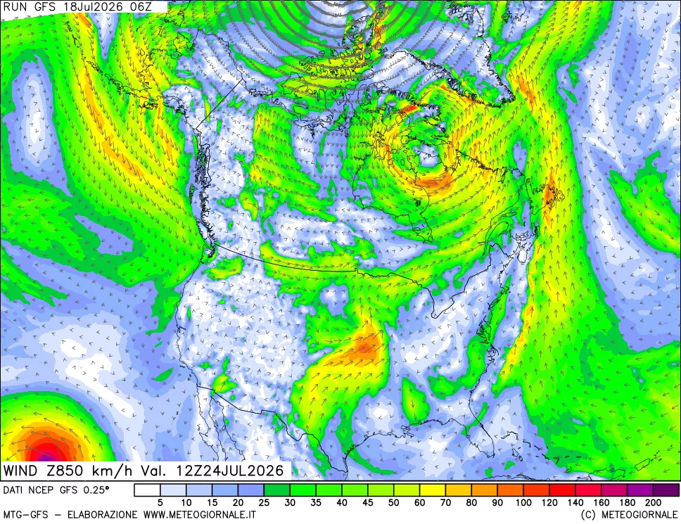 mappa 850 hPa Vento forza e direzione