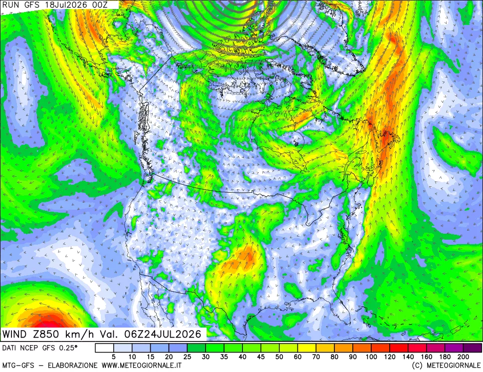 mappa 850 hPa Vento forza e direzione