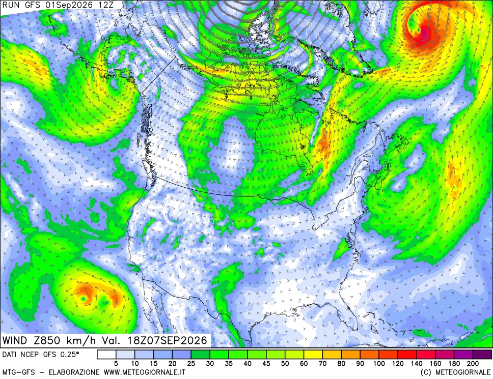 mappa 850 hPa Vento forza e direzione