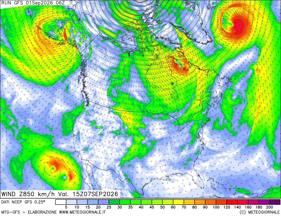 mappa 850 hPa Vento forza e direzione