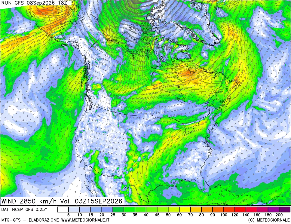 mappa 850 hPa Vento forza e direzione