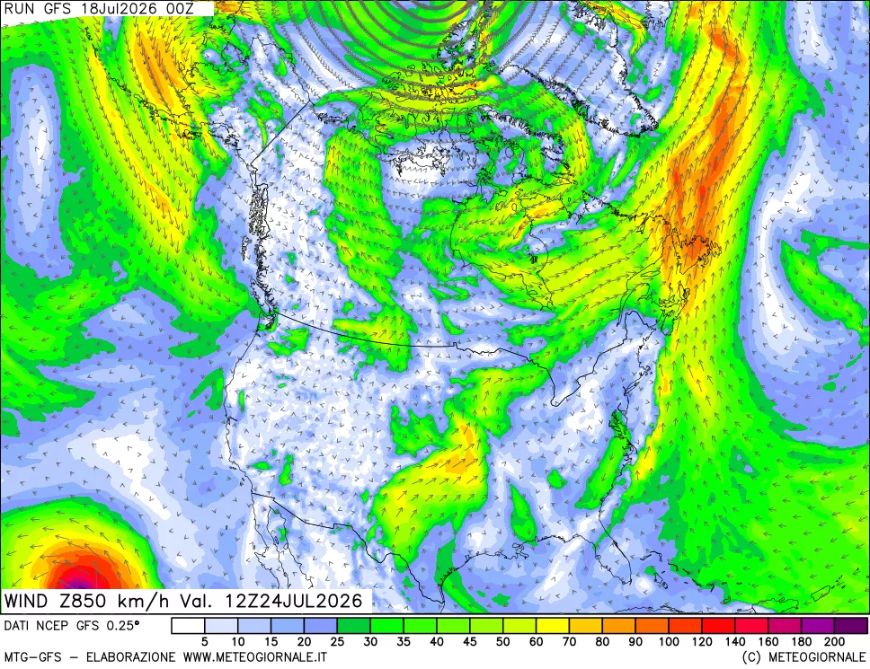 mappa 850 hPa Vento forza e direzione