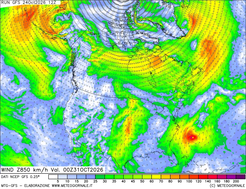 mappa 850 hPa Vento forza e direzione