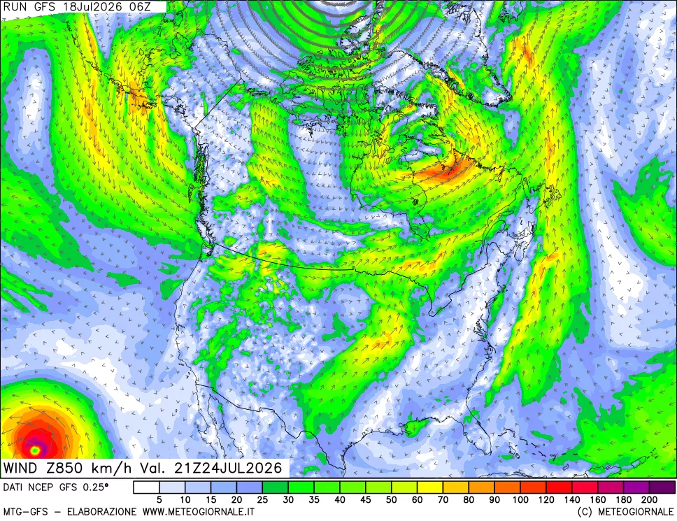 mappa 850 hPa Vento forza e direzione