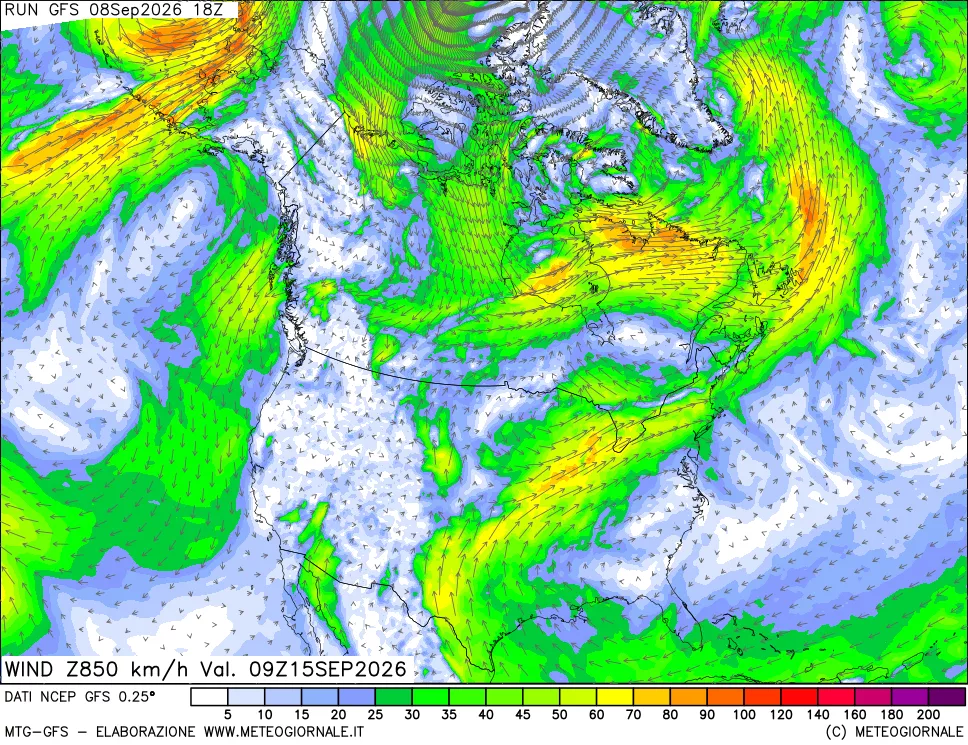 mappa 850 hPa Vento forza e direzione