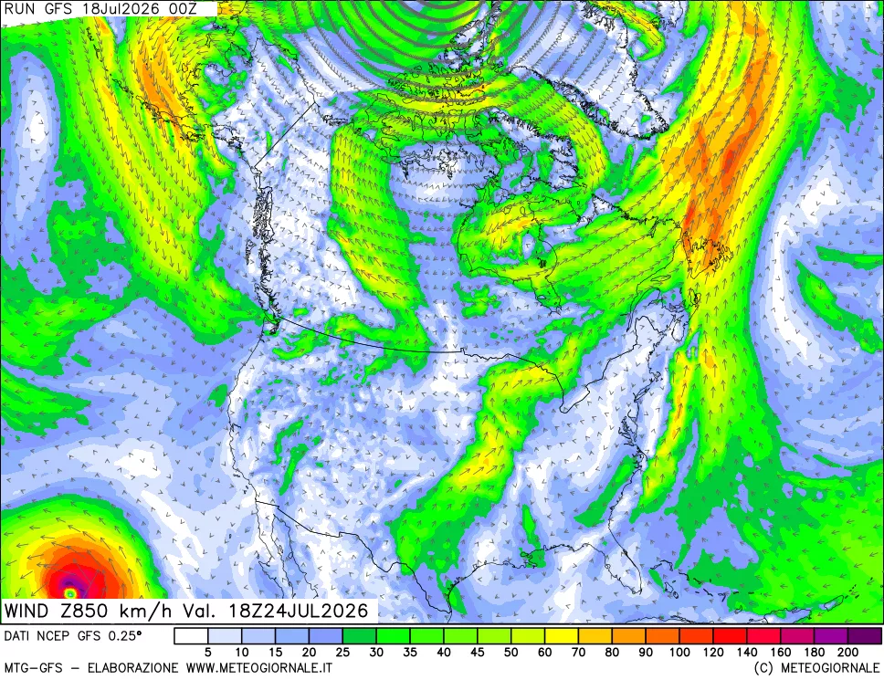 mappa 850 hPa Vento forza e direzione