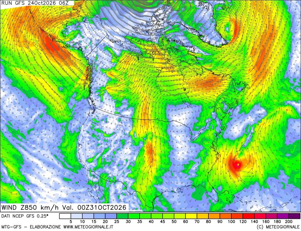 mappa 850 hPa Vento forza e direzione