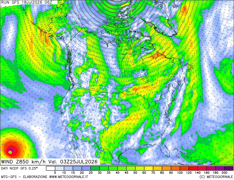 mappa 850 hPa Vento forza e direzione