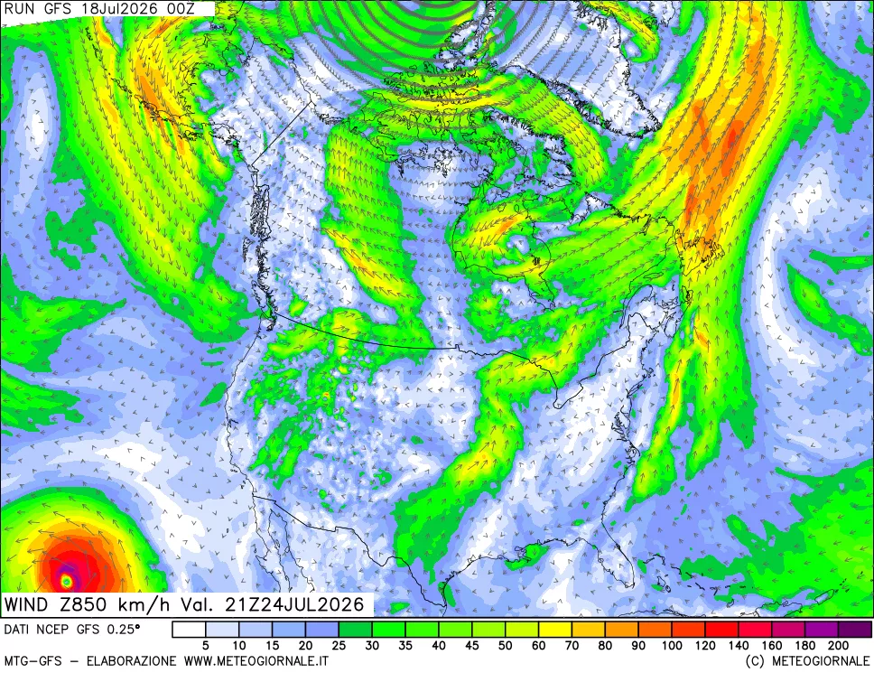 mappa 850 hPa Vento forza e direzione