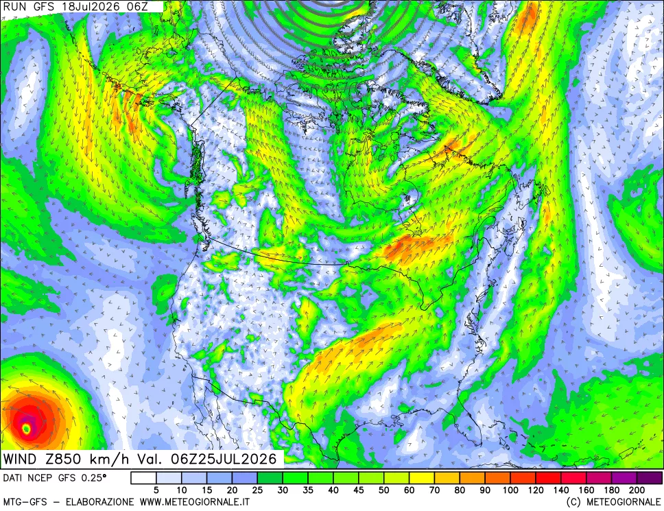 mappa 850 hPa Vento forza e direzione