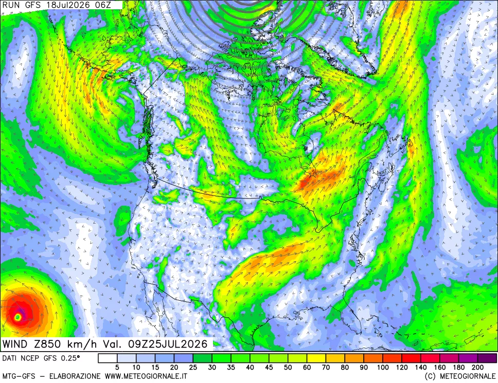 mappa 850 hPa Vento forza e direzione