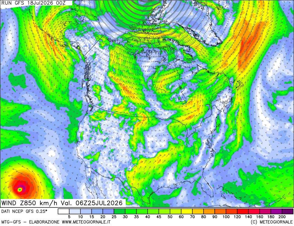 mappa 850 hPa Vento forza e direzione