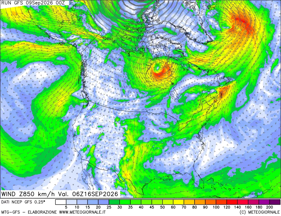 mappa 850 hPa Vento forza e direzione