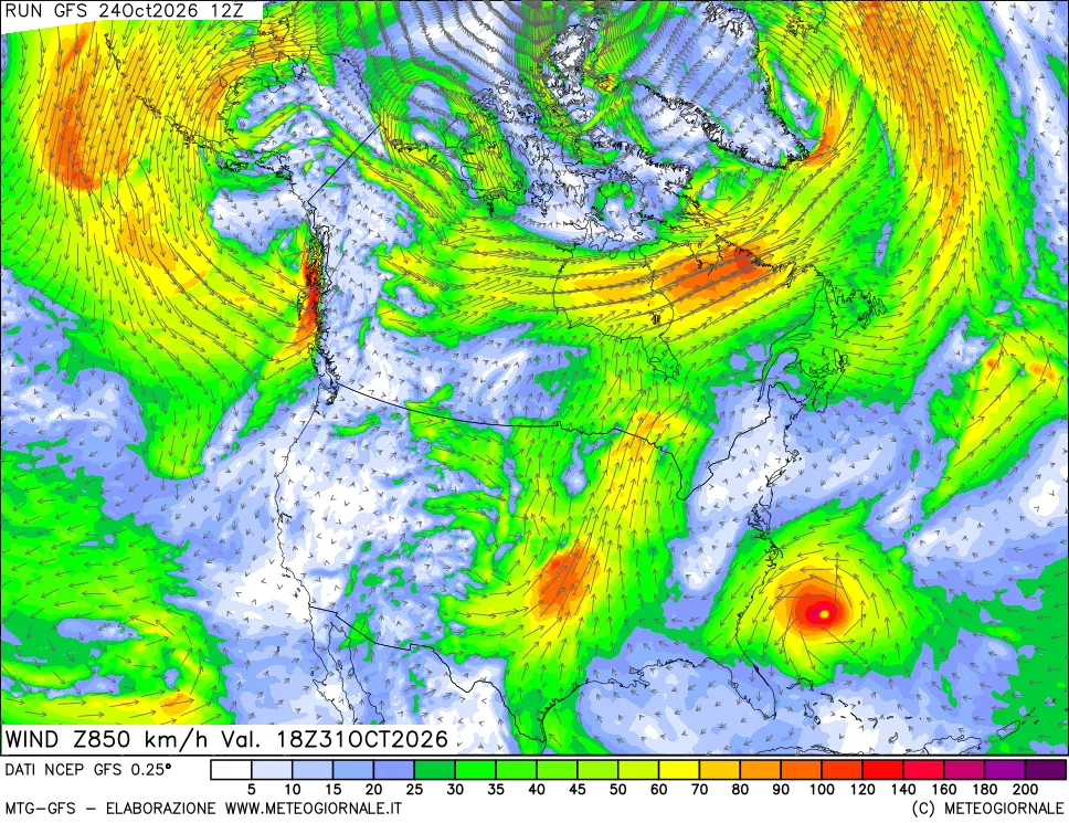mappa 850 hPa Vento forza e direzione