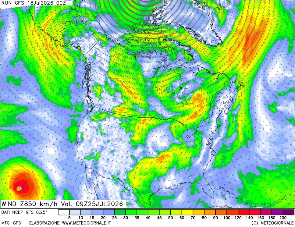 mappa 850 hPa Vento forza e direzione