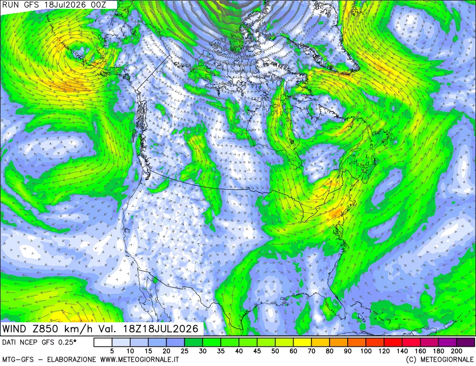 mappa 850 hPa Vento forza e direzione
