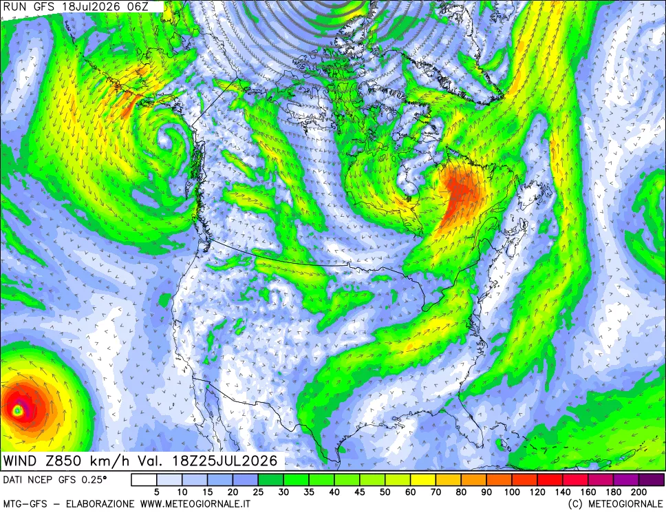 mappa 850 hPa Vento forza e direzione