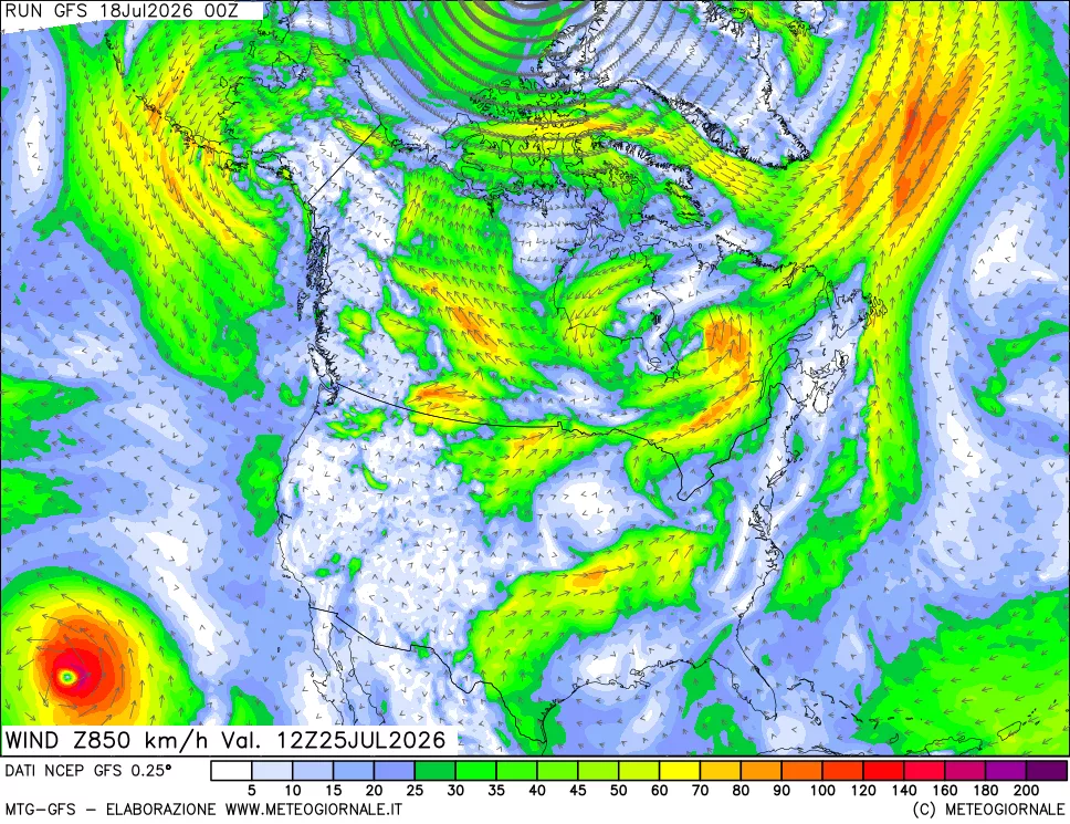 mappa 850 hPa Vento forza e direzione