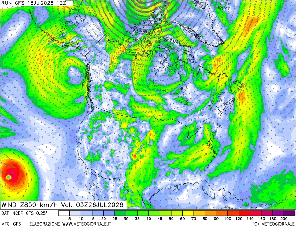 mappa 850 hPa Vento forza e direzione