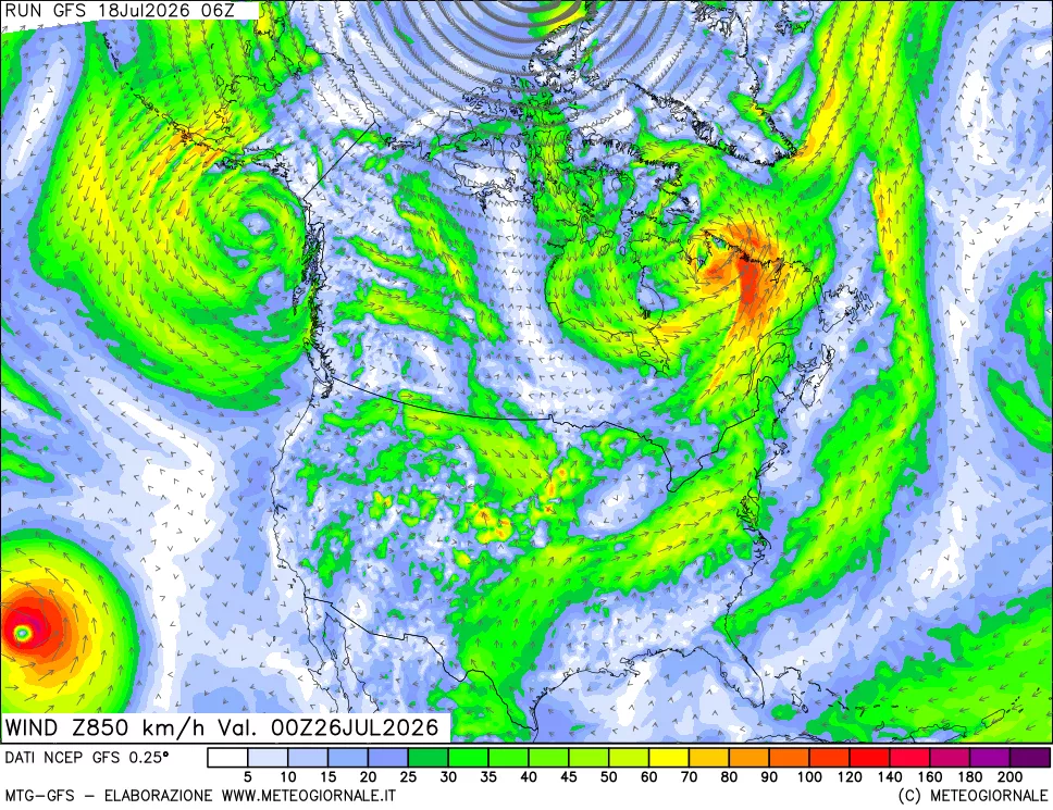 mappa 850 hPa Vento forza e direzione