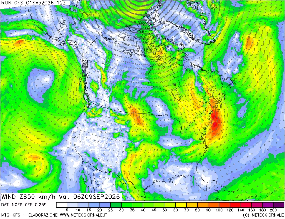 mappa 850 hPa Vento forza e direzione