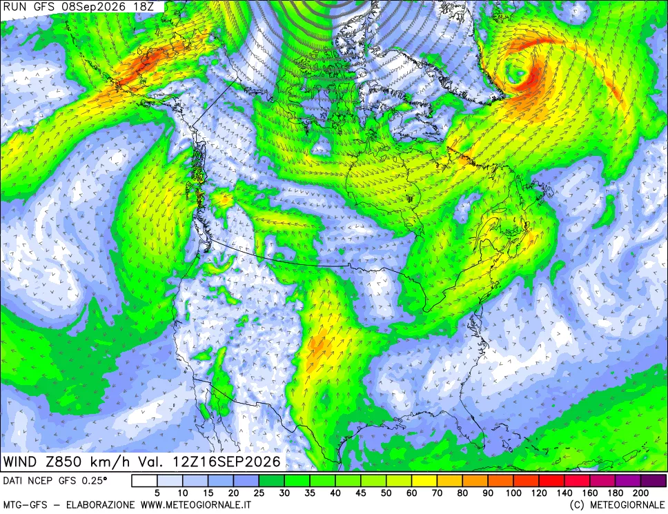mappa 850 hPa Vento forza e direzione