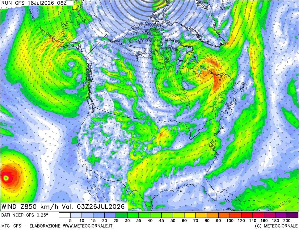 mappa 850 hPa Vento forza e direzione