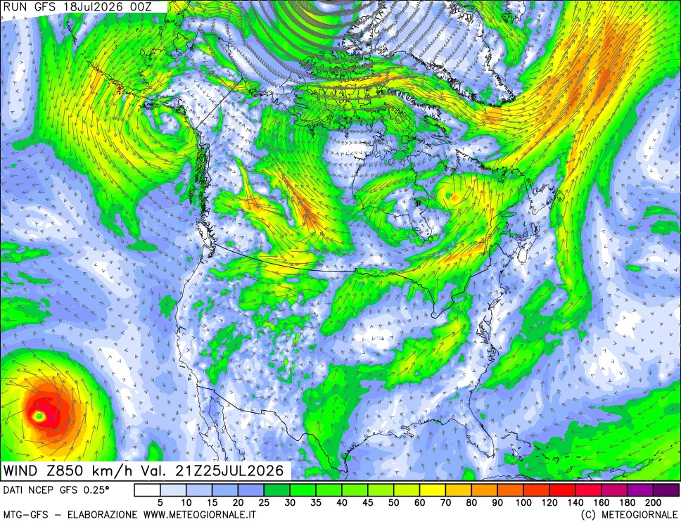 mappa 850 hPa Vento forza e direzione