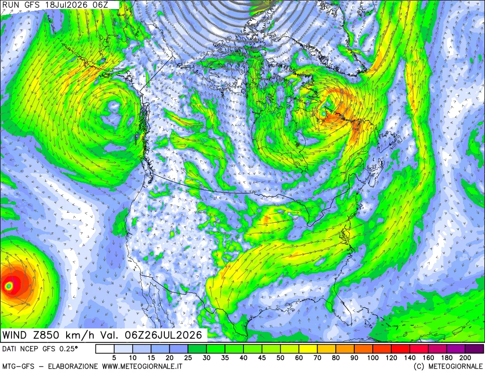 mappa 850 hPa Vento forza e direzione